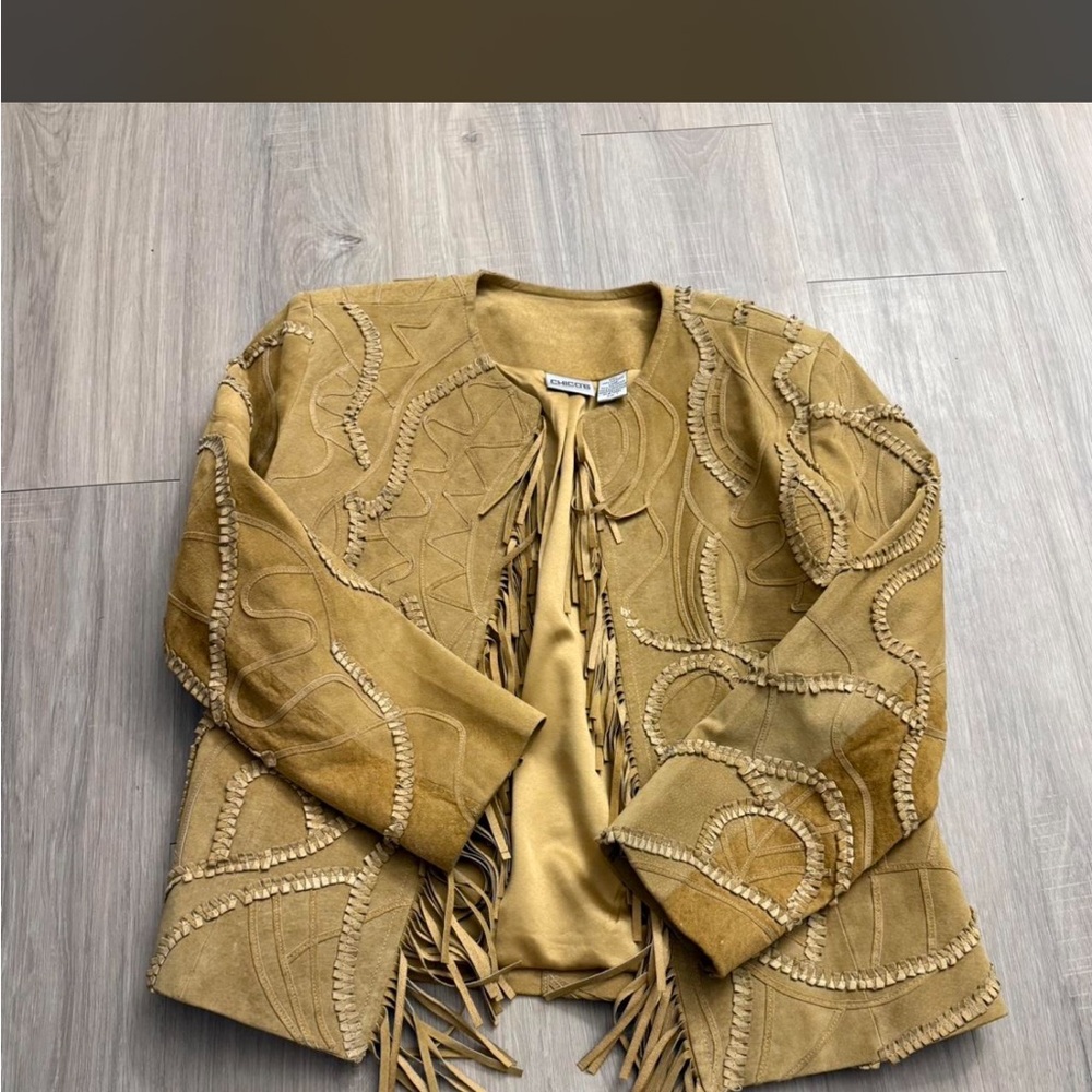 Chico's Mustard Suede Fringe Jacket with Appliqué